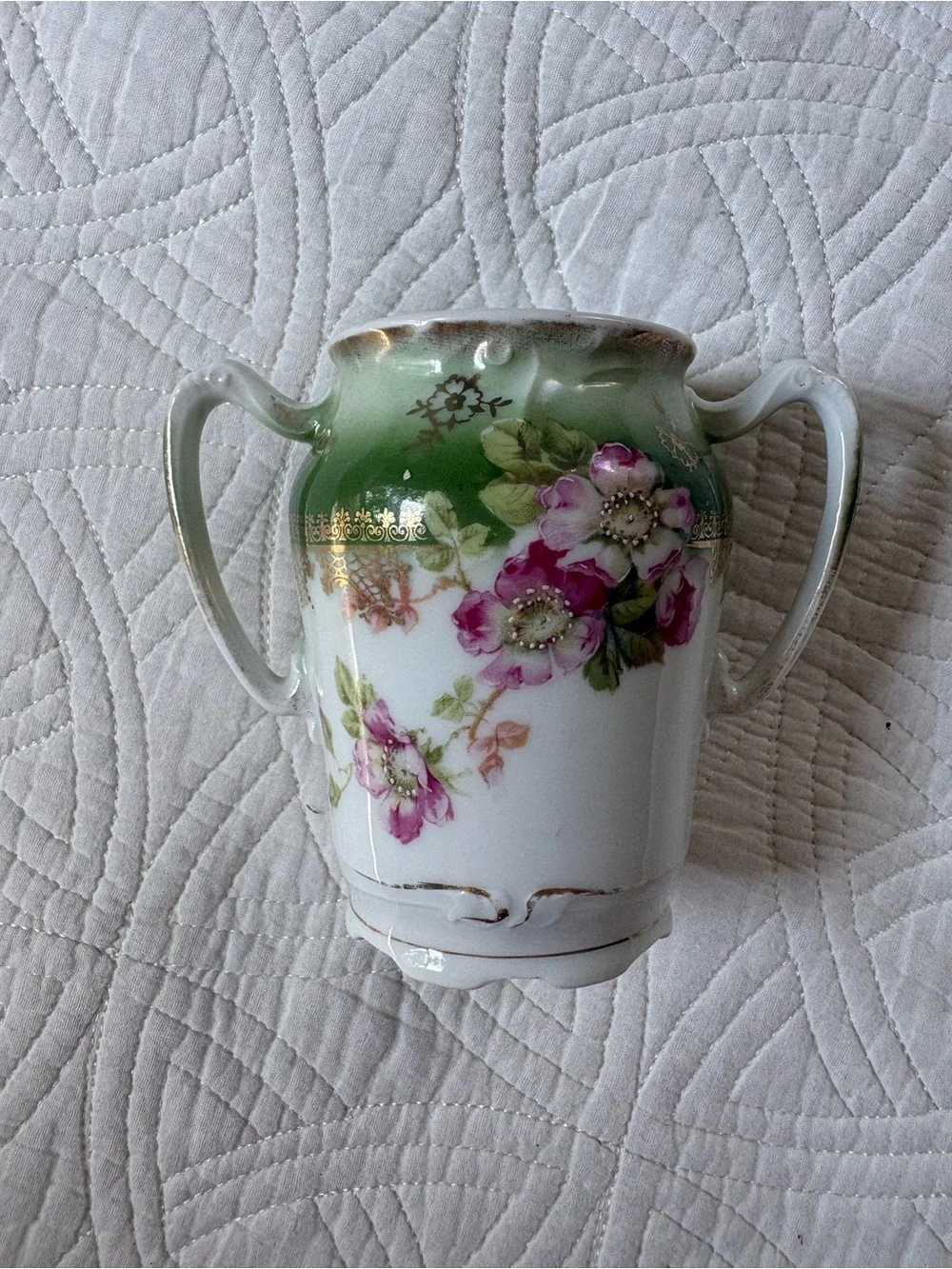 Antique Porcelain Double Handle Vase Green Pink Roses Gold Gilt 5”
